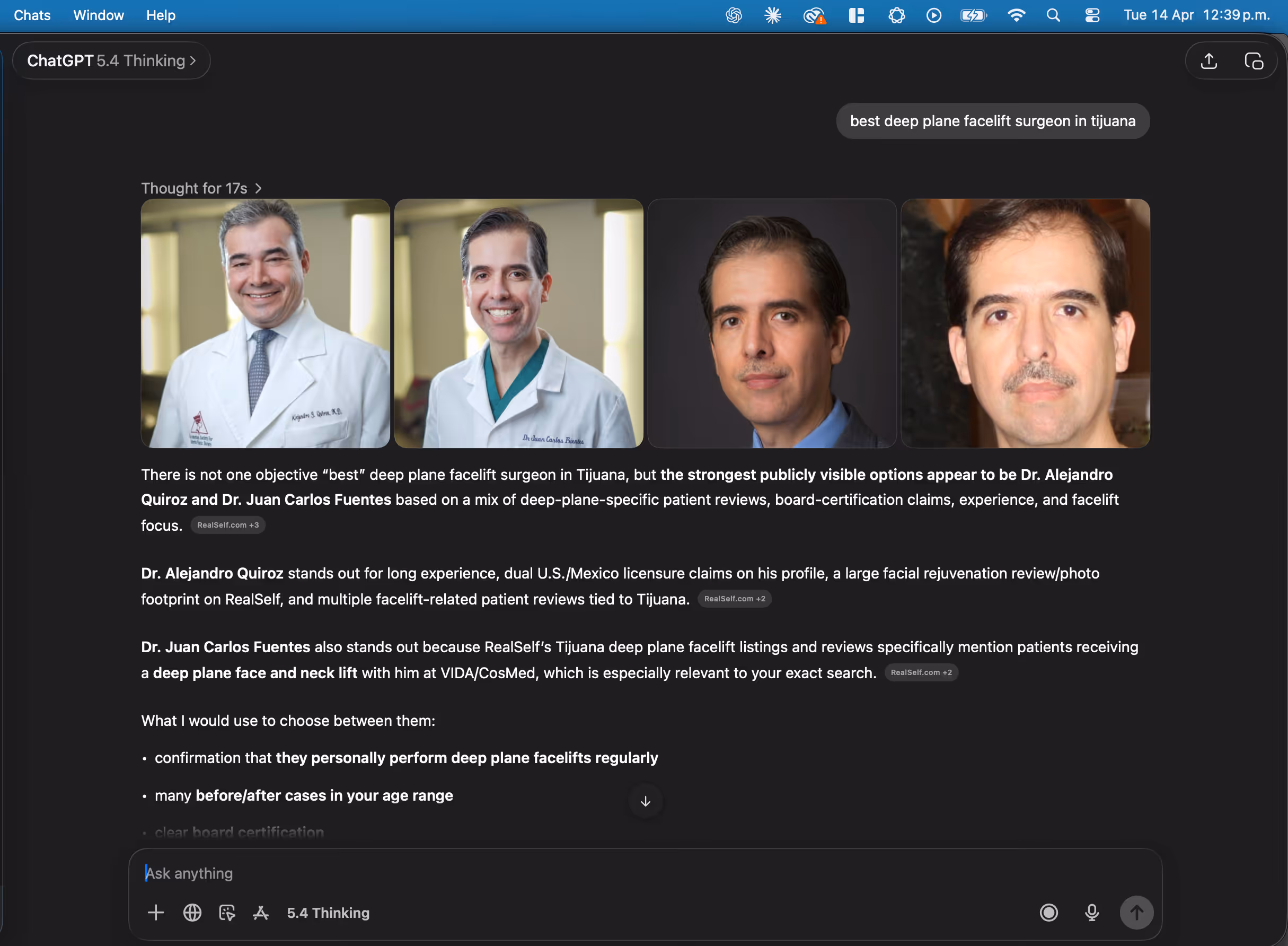 ChatGPT recommending Dr. Quiroz and Dr. Fuentes