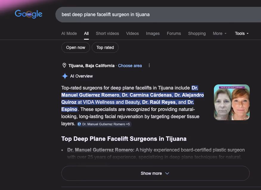 Google AI Overview naming Dr. Quiroz at VIDA